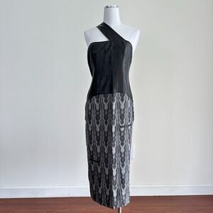 Vintage Leather Wool Dress 40 Black Asymmetric Shoulder Column Art Avant Garde